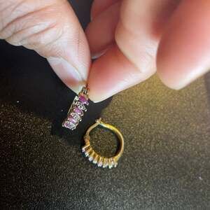 PAJ 925 Sterling Silver Gold Vermeil Ruby and Diamond Chip Huggie Hoop Earrings